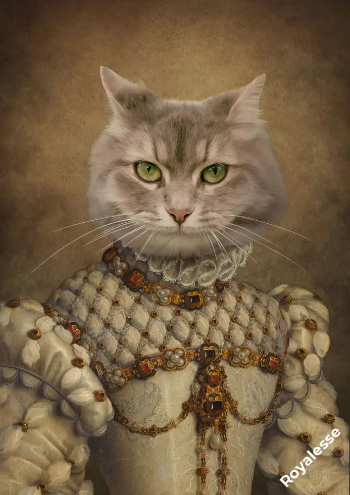 Portrait personnalisé de chat en princesse Renaissance, imprimé en France sur papier FSC écologique.