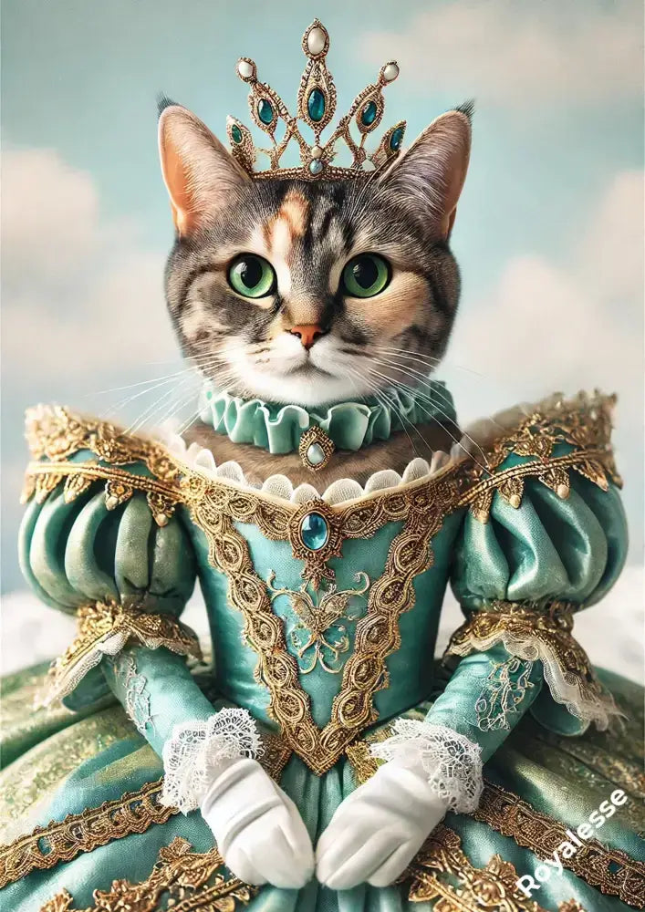 Portrait de chat en princesse turquoise, imprimé sur papier FSC en France, élégant et personnalisé.