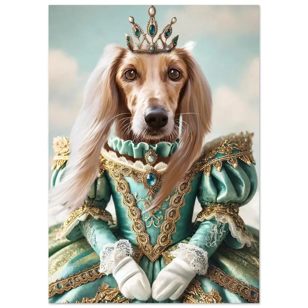 Portrait personnalisé de chien en princesse turquoise, imprimé en France sur papier FSC durable.