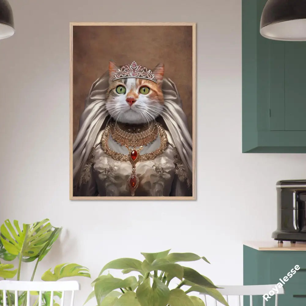 Affiche REINE BLANCHE personnalisée, chat en robe royale, imprimé en France sur papier FSC, décoration murale élégante.