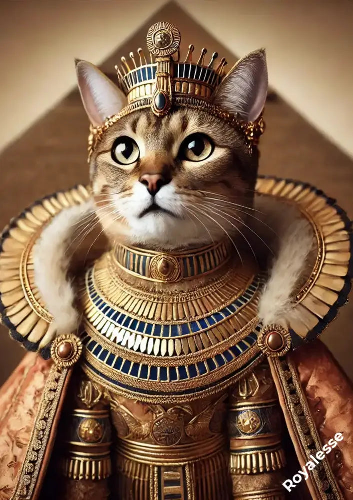 Portrait personnalisé d'un chat en reine nubienne avec tenue royale, imprimé en France sur papier FSC.