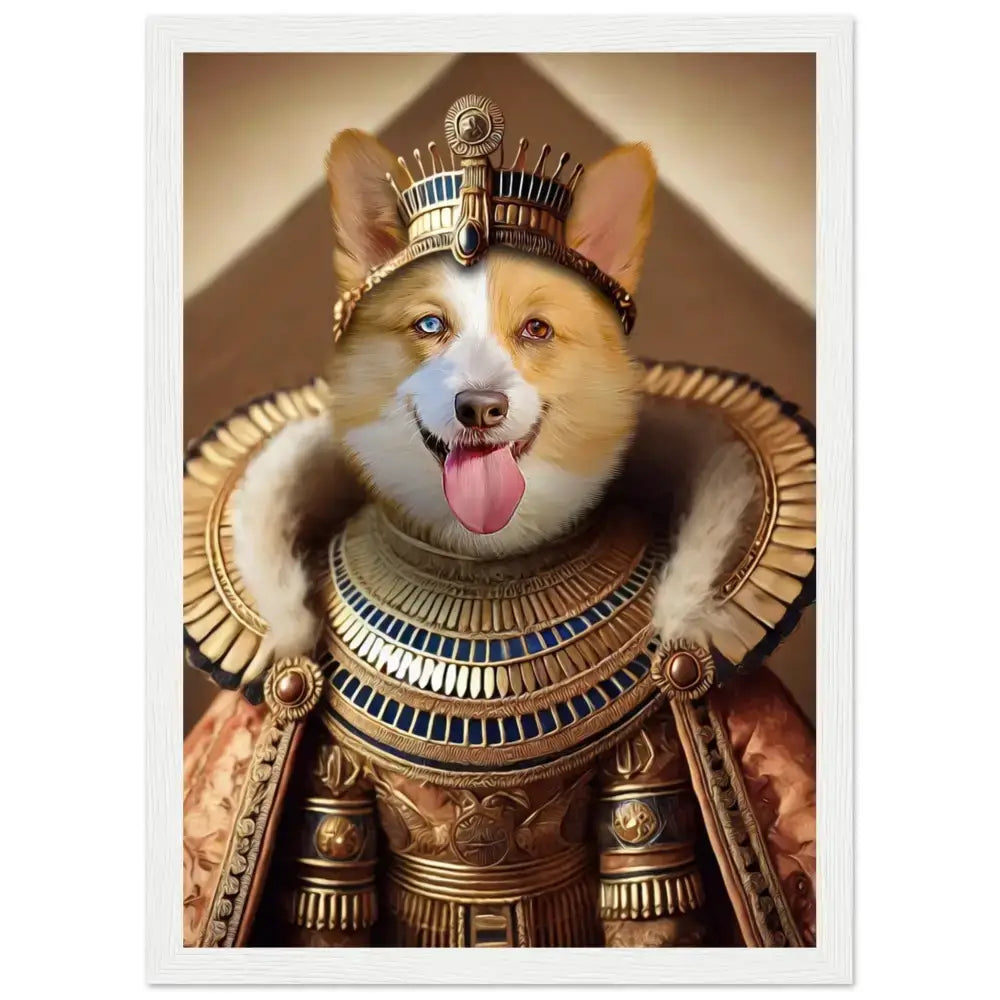 Portrait personnalisé d'un chien en reine nubienne, imprimé en France sur papier FSC, sans cadre, envoi rapide.