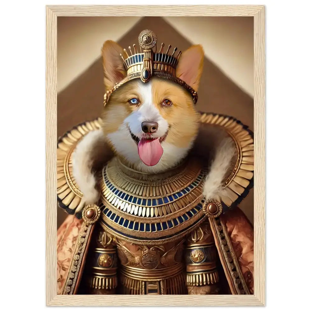 Poster "Reine de Nubie" avec un chien en tenue royale, imprimé sur papier FSC en France.