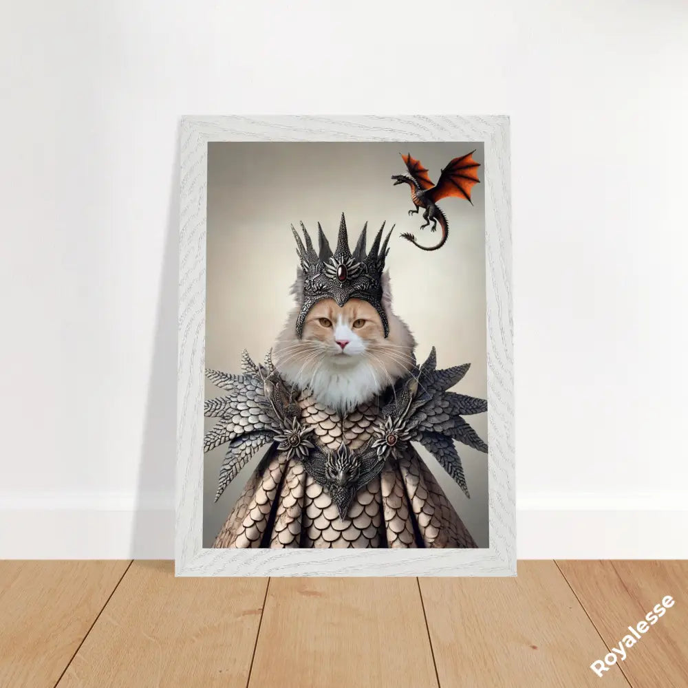 Portrait personnalisé de chat en reine des dragons, imprimé sur papier FSC en France, décoration murale unique sans cadre.