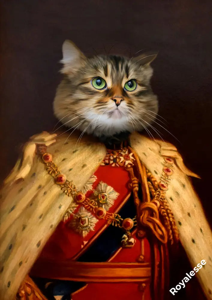 Alt Tag: Portrait de chat personnalisé en tenue royale, imprimé en France sur papier FSC, sans cadre.