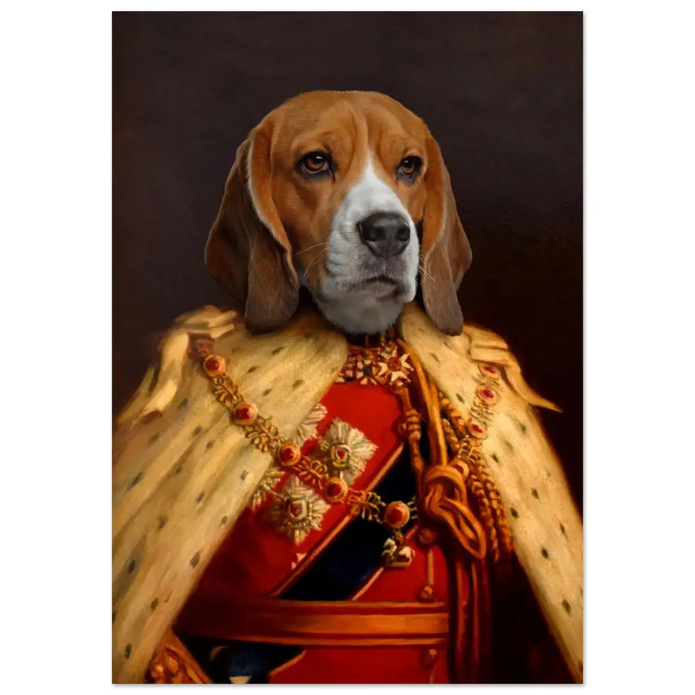 Portrait d'animal personnalisé de beagle en habit royal, imprimé en France sur papier FSC, idéal pour décoration murale.