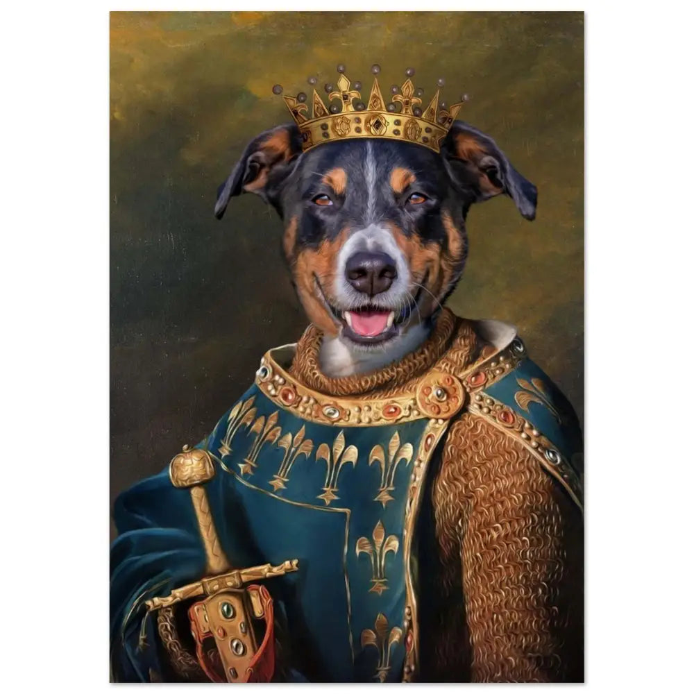 Portrait médiéval personnalisé de chien royal, imprimé en France sur papier FSC, sans cadre, idéal pour la décoration.