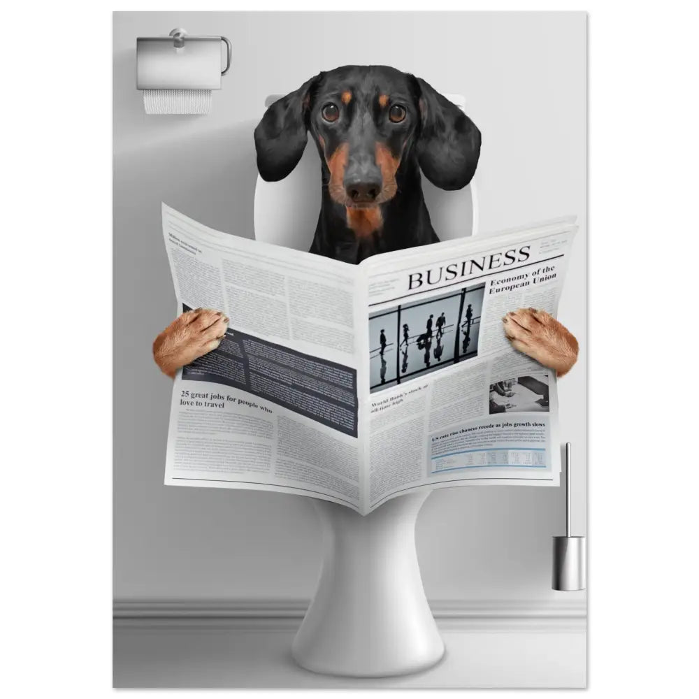 Poster animal personnalisé avec chien lisant un journal sur toilettes, imprimé en France sur papier FSC durable.