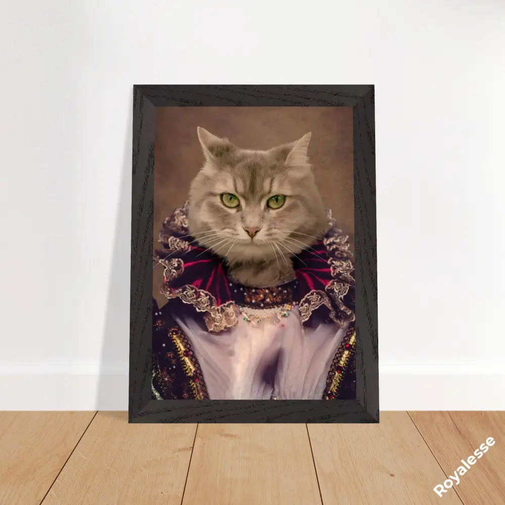 Poster portrait animal personnalisé de chat sur papier FSC, imprimé en France et présenté sans cadre sur sol en bois.