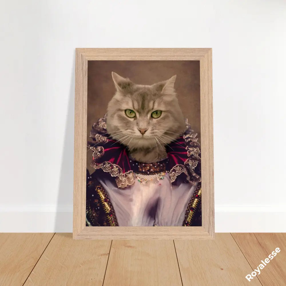 Portrait d'animal personnalisé imprimé en France sur papier FSC, sans cadre, avec un chat en tenue royale.