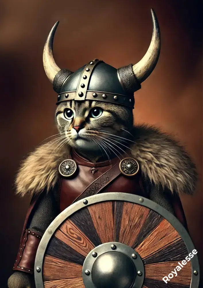 Portrait personnalisé de chat viking, imprimé en France sur papier mat FSC, animal en costume avec casque et bouclier.